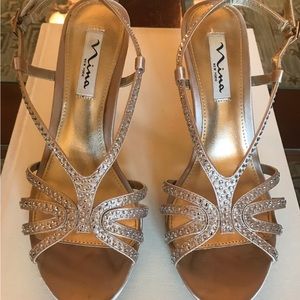 Nina Pale Gold Satin Dressy Sandals with Rhinestones.